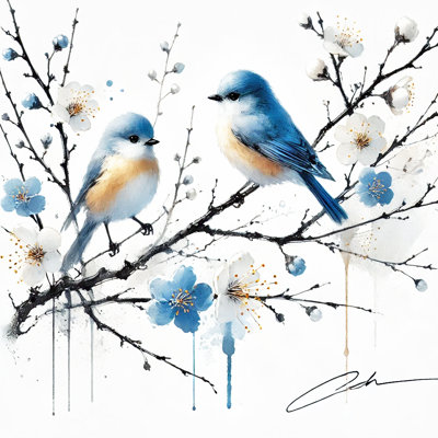Serene Pair - Bluebirds on Blossoms Canvas Print Art