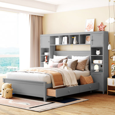 Lit double en bois avec armoire et tablette tout-en-un, gris