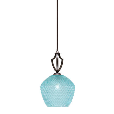 Shutesbury Stem Hung Mini Pendant Shown In Brown, 9" Turquoise Glass