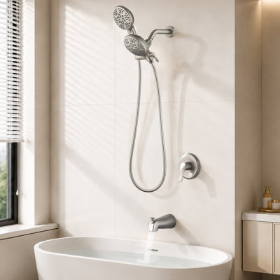 Système de pomme de douche double tout-en-un 49 réglages 2 en 1 avec douchette, pomme de pluie 8 po, valve brute en laiton à pression équilibrée, inverseur 3 voies et douchette de baignoire