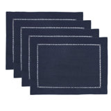 Navy Blue Classic Hemstitched Border Table Placemats 13" W X 19" L, Set Of 4