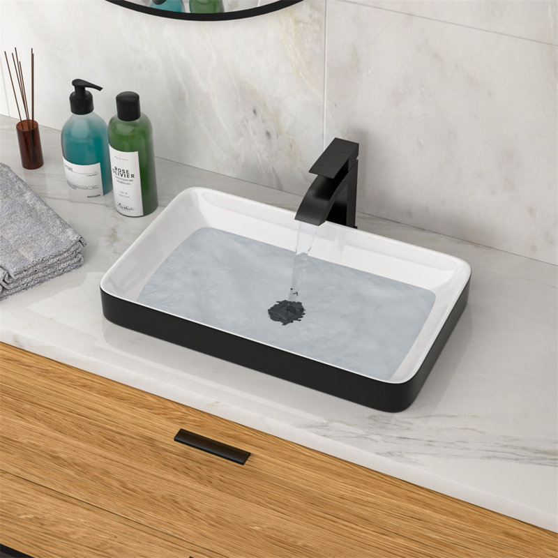 Lavabo de salle de bain semi-encastré en céramique blanc et noir 19 po x 12 po - vasque de comptoir, Blanc/Noir