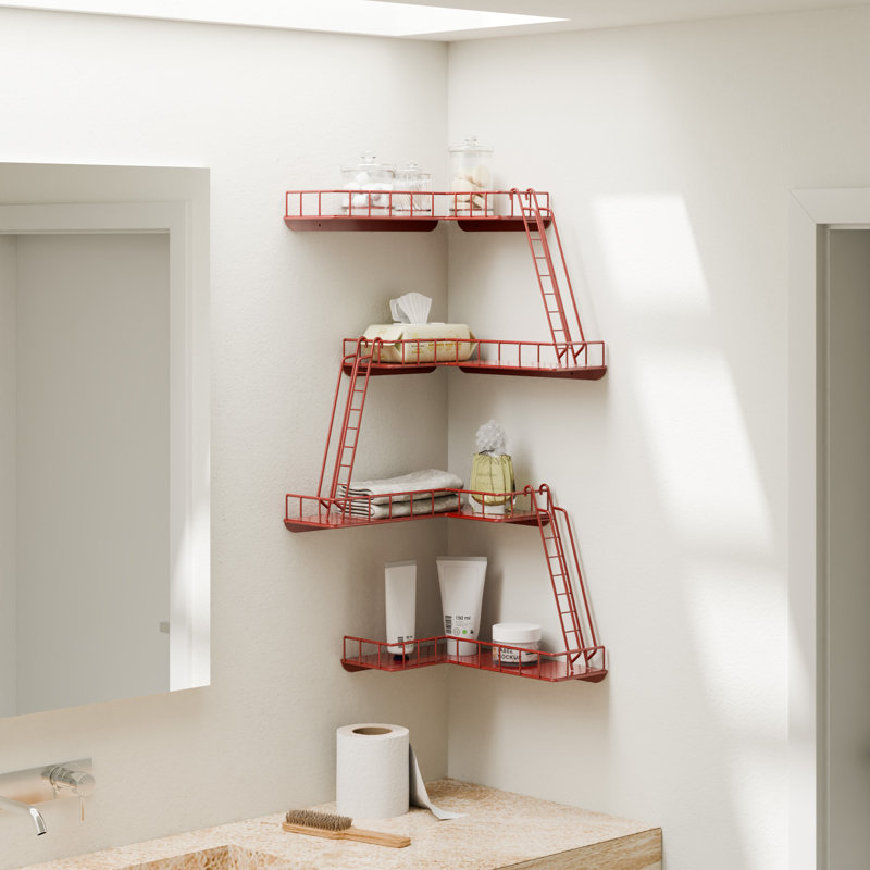 Étagère murale d'escalier de secours - Étagère d'angle moderne à 4 niveaux, style urbain, étagère échelle en métal facile à installer pour figurines, étagères décoratives New York pour salle de bain, salon et décoration intérieure, rouge