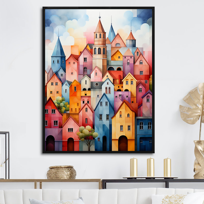 Village arc-en-ciel coloré, Cadre flottant noir, H 20 po x l 12 po x P 1 po