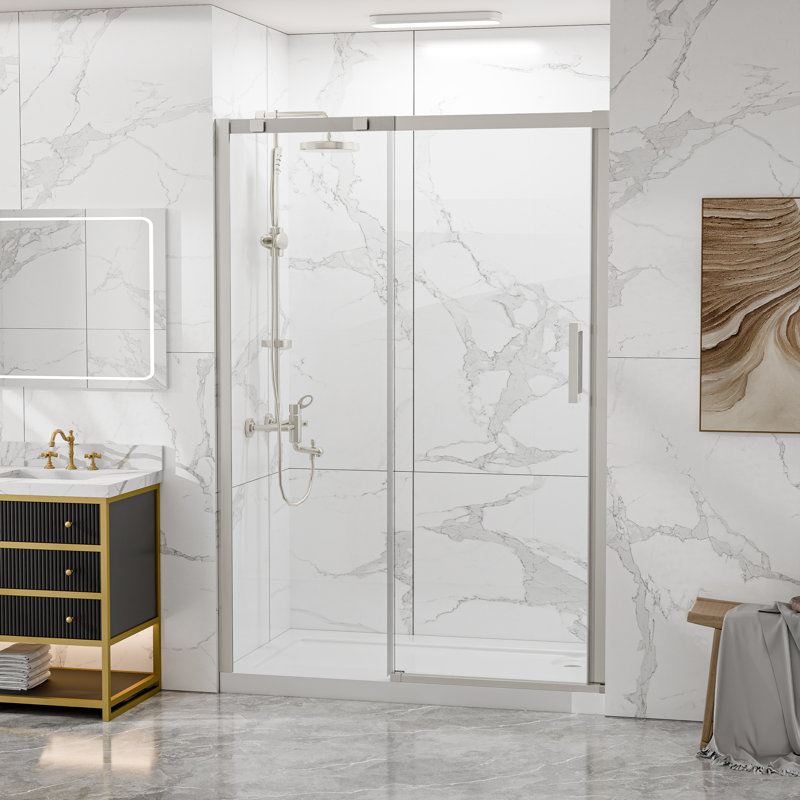 Porte de douche coulissante simple sans cadre de 44 à 48 po x H 74 po avec verre transparent, Nickel brossé