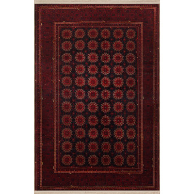 Red-Black Themed Traditional Motif Patterned Fringed Vintage Decorative Rug