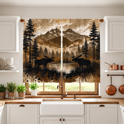 2Pcs Moose Forest Mountain Scene Curtains, Light Filtering Fabric, Vintage Rustic Woodland Design, Sunshade and Privacy Protection, Rod-Pocket Style, Ideal for Living Room, Bedroom, Balcony, Kitchen Home Decor