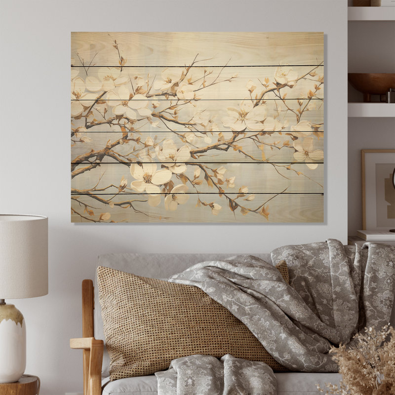 White Dogwood Blossom Escape I - Dogwood Wood Wall Art On Natural Pine Wood, 24" H x 32" W