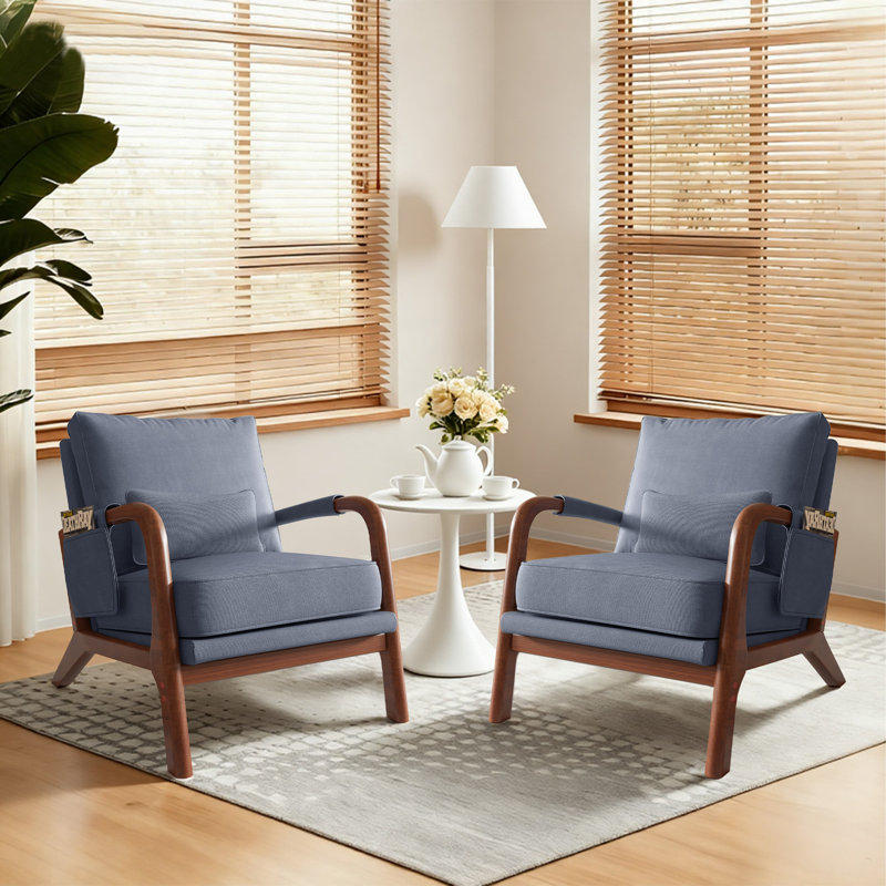 Mid Century Solid Wood Accent Chair Upholstered Armchair with Pillow and  storage Bag, Gray Linen