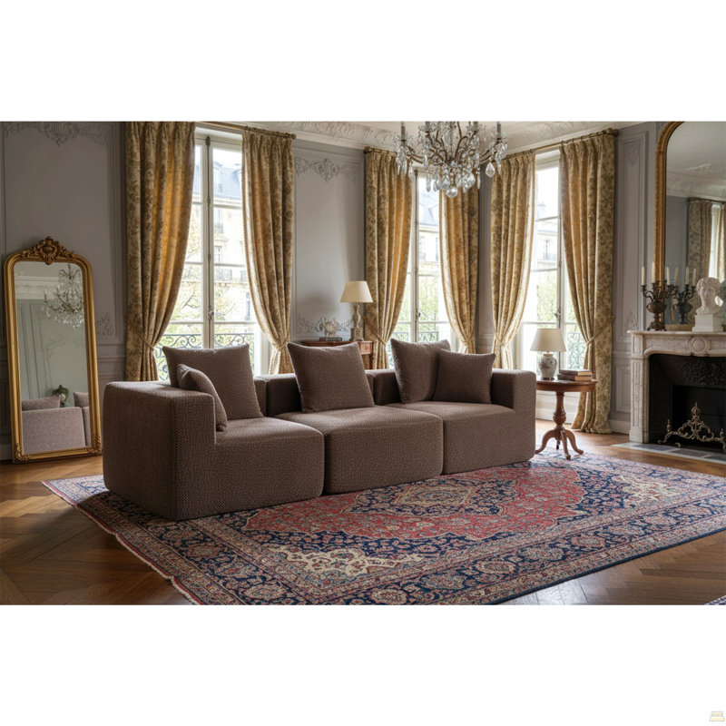 Oversized Modular Deep-Seat Sofa, 3-Piece All-Foam Sectional Couch, Brown Fabric