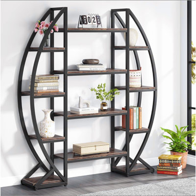 55" Triple Wide Oval Industrial Etagere Bookcase For Office, Living Room