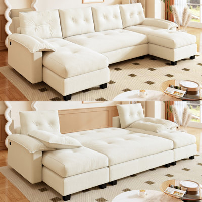 Canapé-lit en U, sectionnel convertible 2 en 1, amovible, avec chargeur intégré, lit gigogne en chenille beige/blanche, ports, orange