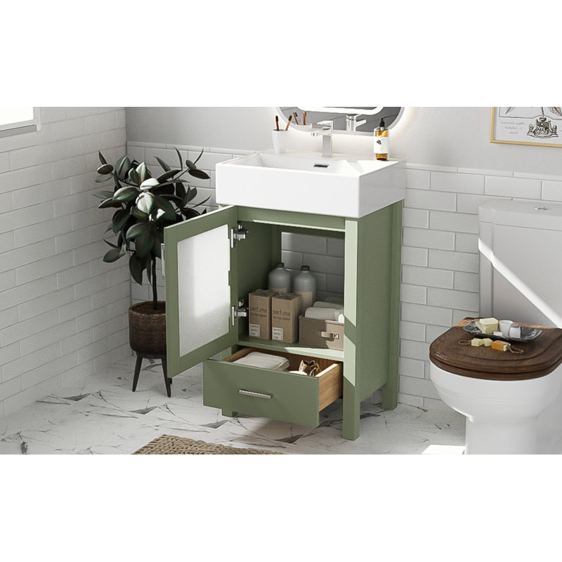 meuble-lavabo avec lavabo en céramique et beaucoup de rangement, Vert