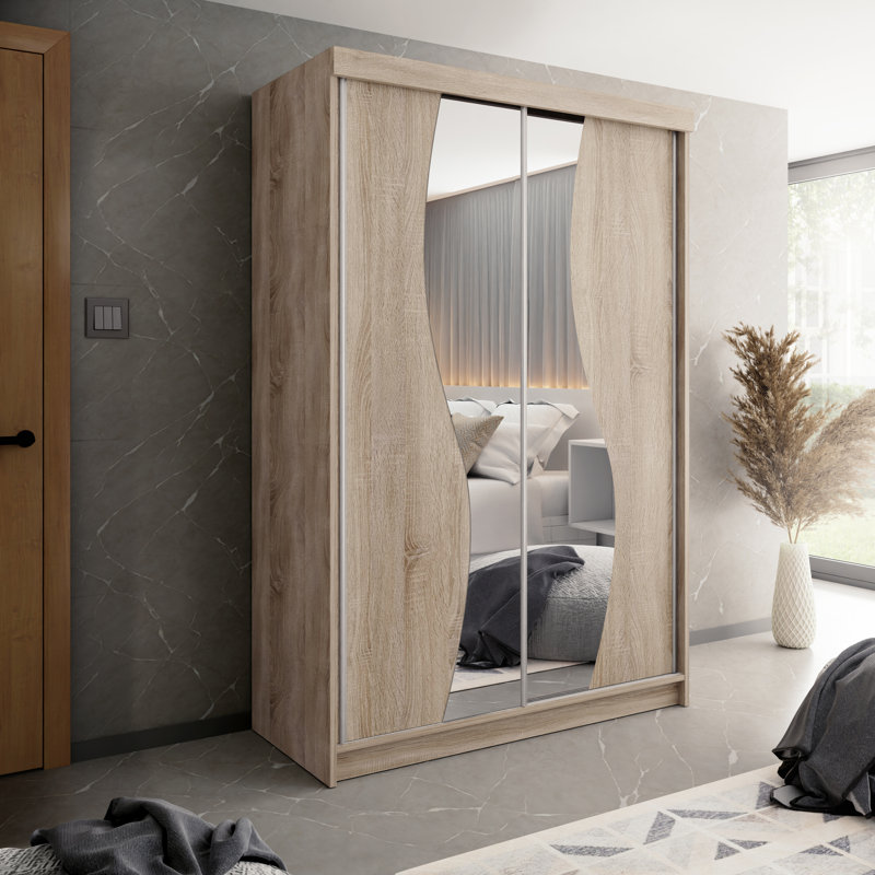 Ajtene 2 Door Glass Wardrobe, Natural Wood