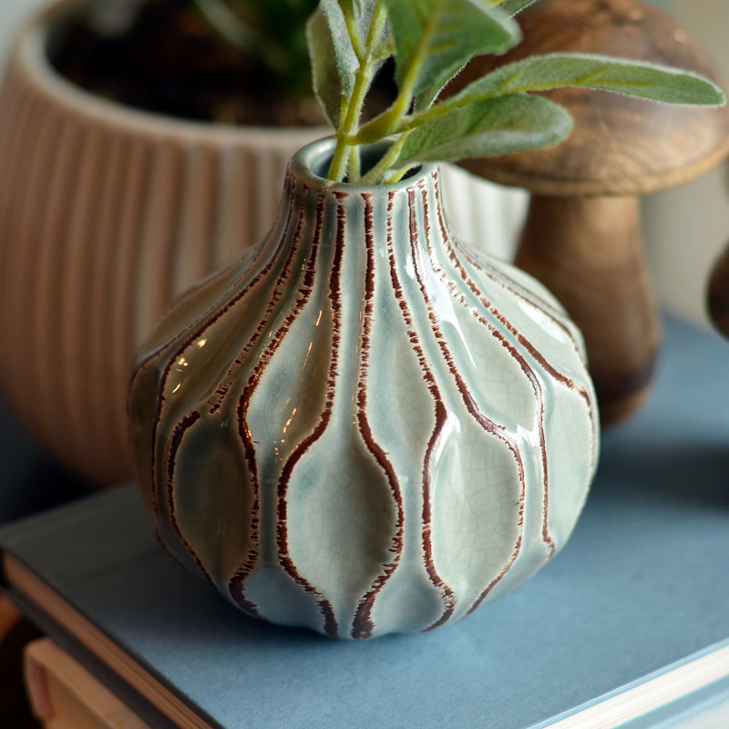 Handmade Stoneware Table Vase, White/Turquoise/Gray