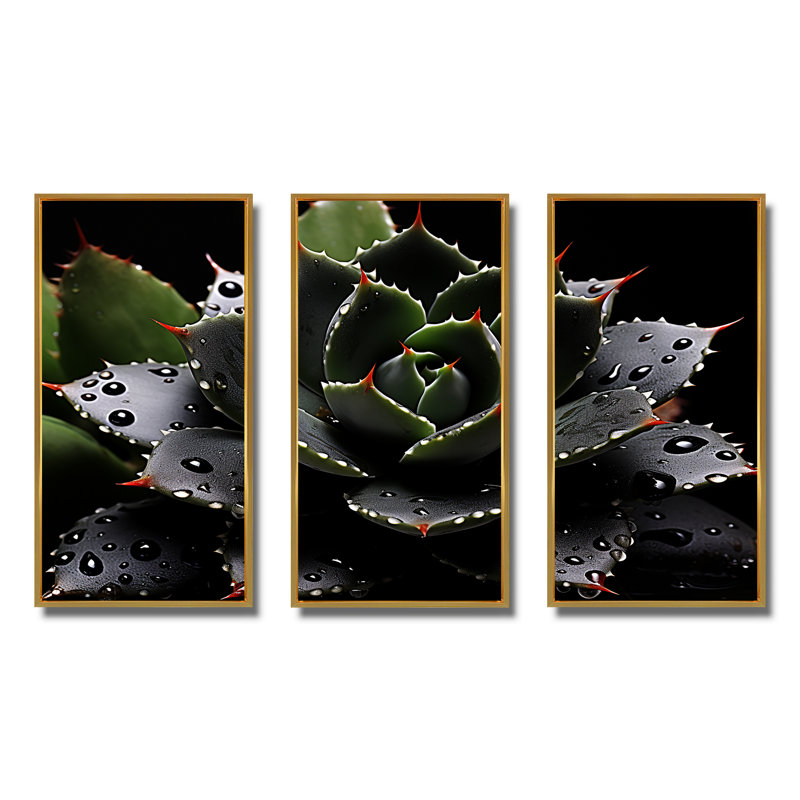 Black Blooming Cactus Photography - Floral Cactus Wall Art, Cadre flottant doré, H 32 po x l 48 po x P 1 po