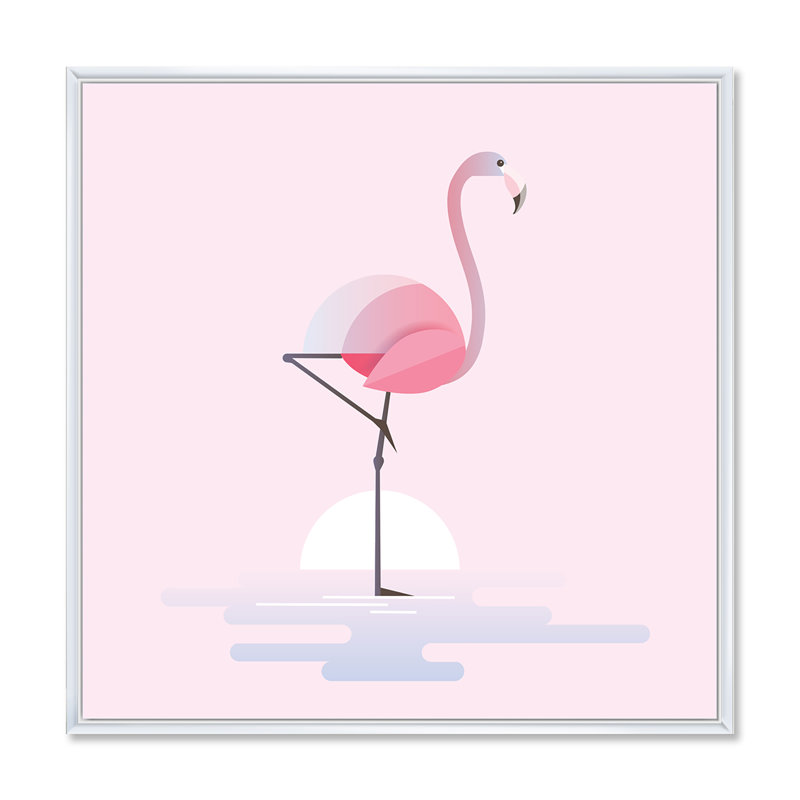 Flamant rose debout - Impression sur toile, Cadre flottant blanc, H 16 po x l 16 po x P 1 po