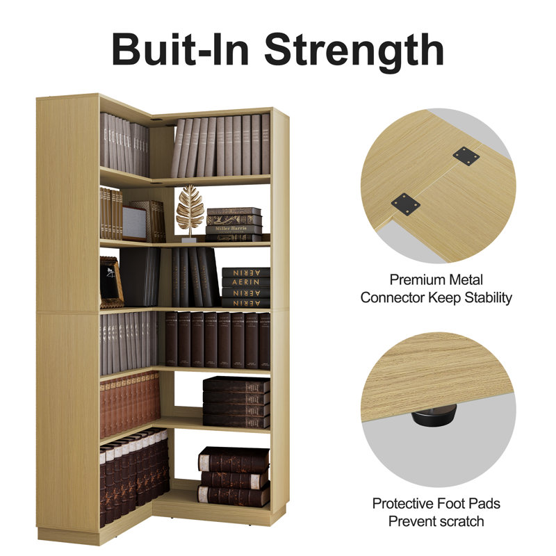 71" Corner Bookshelf, 6 Tier L-Shaped Bookcase, Beige