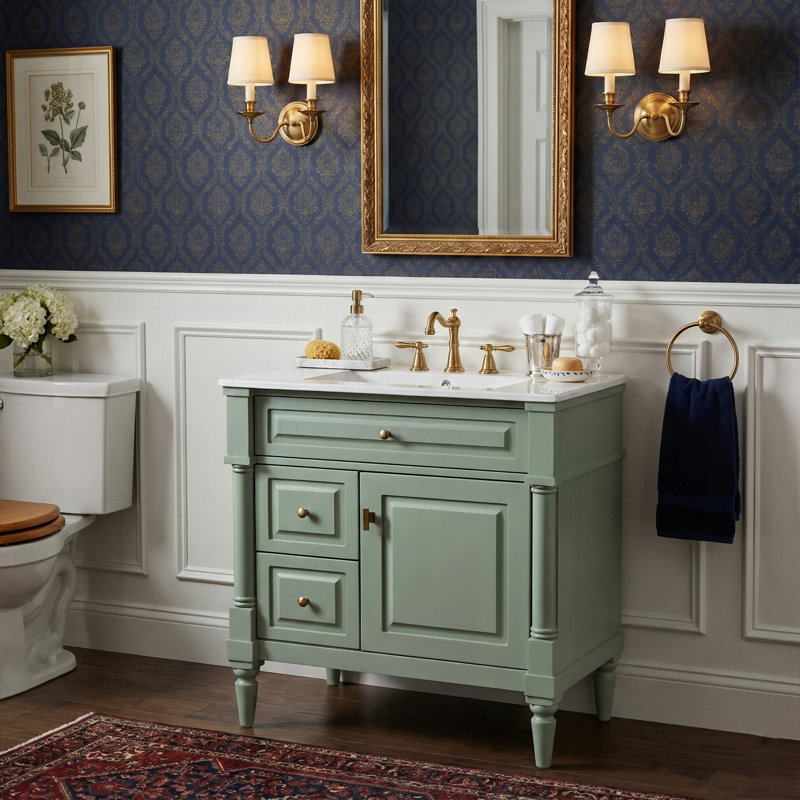 30" Freestanding Bathroom Vanity With Ceramic Sink, Solid Rubberwood Frame, Storage Cabinet With Flip Drawer & Storage Rack