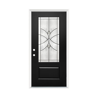 Porte extérieure en fibre de verre 36 po x 80 po avec cadre en PVC blanc 4-9/16 po et moulure de brique, style contemporain minimaliste, revêtement brossé et verre décoré