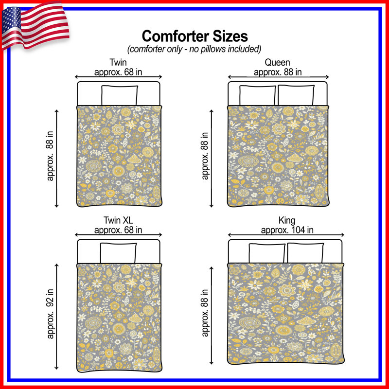 Gray Yellow Floral Pattern Comforter, Twin