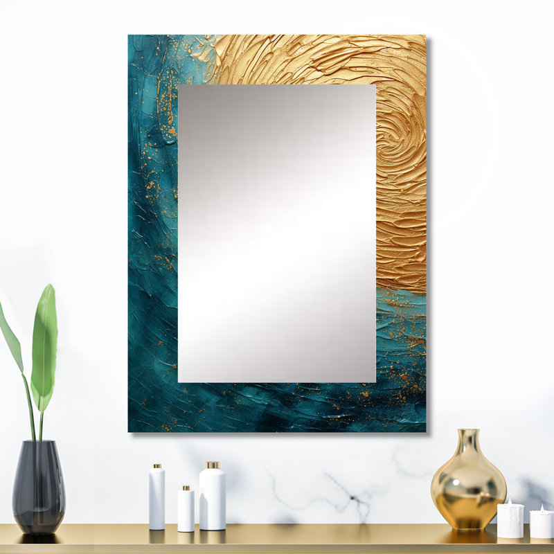Gold Teal Oceans Alchemy Spiral III - Abstract Spirals Decorative Mirror, Modern Wall Mirror, Printed Metal Art, 32" x 24"