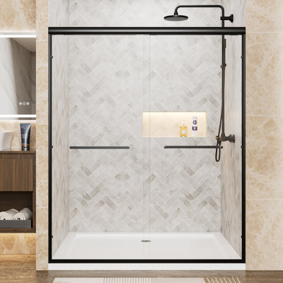 56"-60" W X 72" H Aluminum Frame Double Sliding Shower Door, 1/4" (6Mm) Clear Tempered Glass With Explosion-Proof Film, Dual Stainless Steel Handles