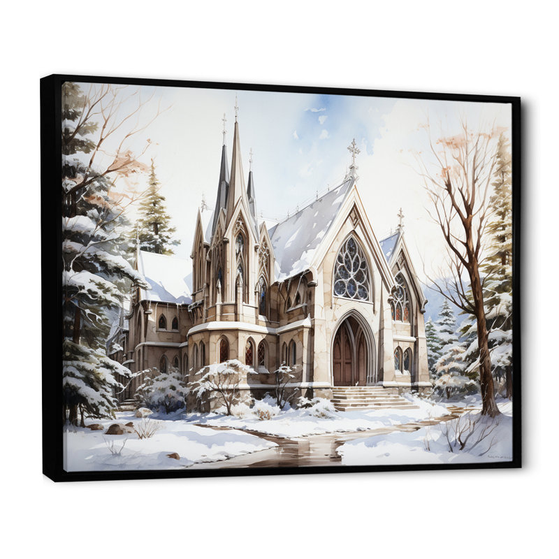 Chapelle de mariage blanche, aquarelle d'hiver rustique, H 30 po x l 40 po x P 1,5 po, Cadre flottant noir