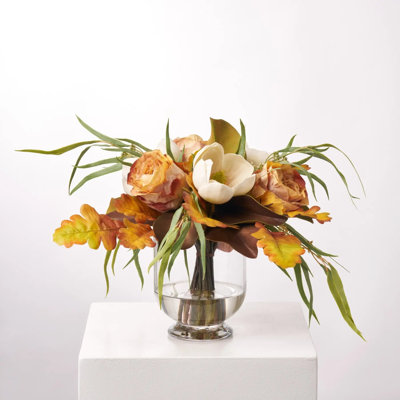 Real Touch Brown Leaf Magnolia, Sienna Fall Rose, Oak Leaf & Eucalyptus Fall Water Illusion Arrangement in Footed Bowl Vase