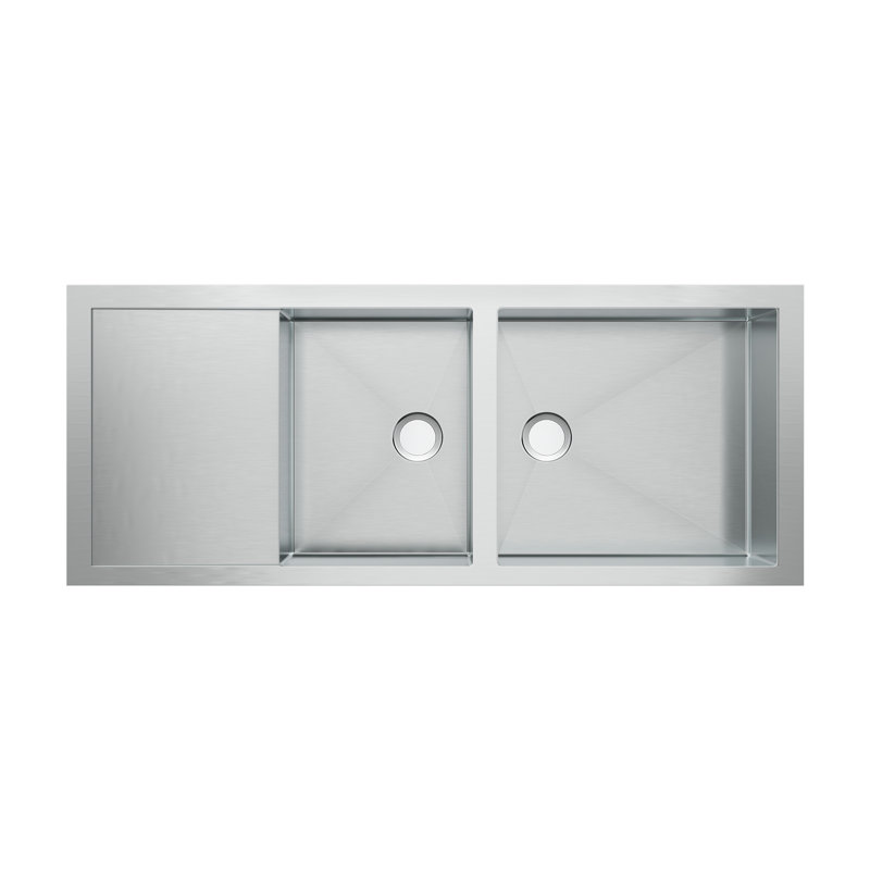 Whitehaus 52" brushed stainless steel commercial double bowl reversible undermount sink with integral drain board