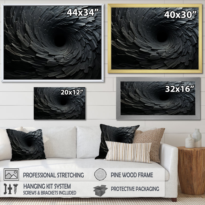 «Black Spiraling fractal sprial», reproduction sur toile à spirales abstraites, H 24 po x l 32 po, Toile tendue, Sans cadre