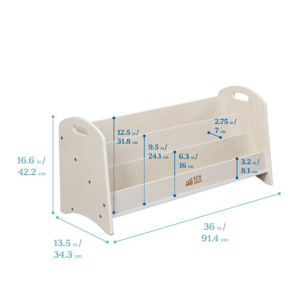 White Wash Birch 3-Shelf Kids Book Display with Handles