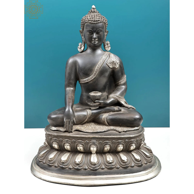 Statue de Bouddha en laiton de 20 po en Bhumisparsha Mudra - sculpture de méditation fabriquée à la main en argent noir pour l'autel et le décor spirituel