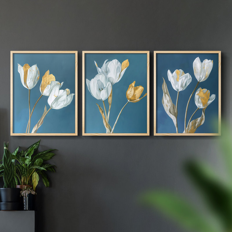 Floral Study Series XLV -Set de 3 estampes numériques giclées -Prêt à accrocher, Naturel, H 10 po x l 24 po
