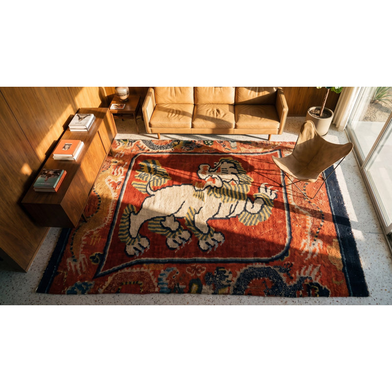 Antique Chinese - Tibetan Small Scatter Size Wool Yellow Rug
