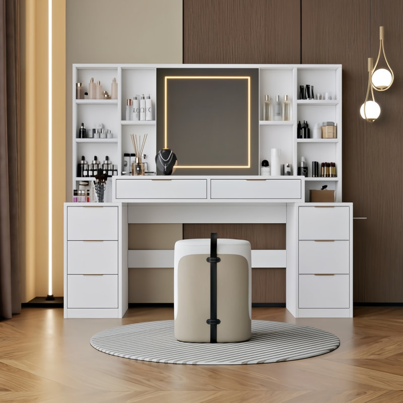 59" Makeup Vanity Desk With Mirror And Lights - Dressing Table With 8 Drawers, Adjustable Brightness, Large Vanity