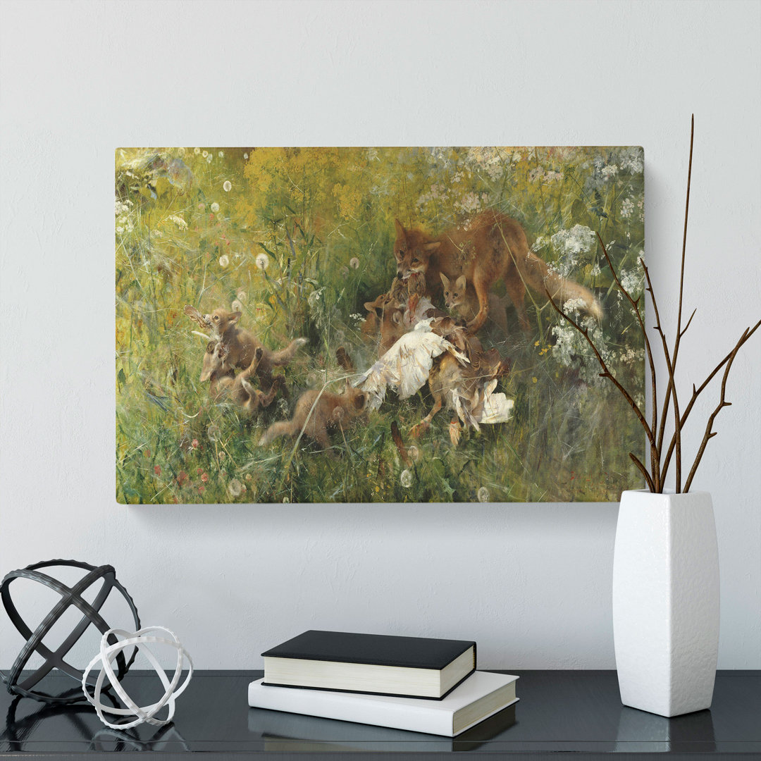 A Fox Family by Bruno Liljefors - Wrapped Canvas