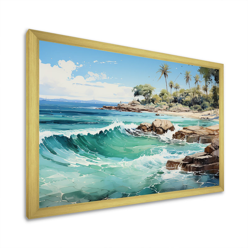 Palmier turquoise tropique I, Encadrement doré, H 24 po x l 32 po x P 1 po