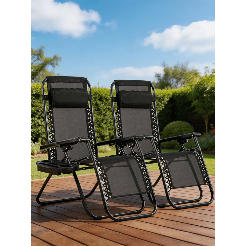 Zero-Gravity Lawn Lounge Chair Two-Piece Set, Includes Pillow And Cup Holder, Adjustable Angle, Suitable For Terrace, Beach, And Patio Use.
