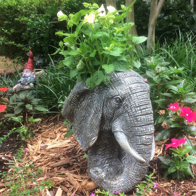 Muggly's Elephant Mascot Animal Statue Planter, 18" H x 10.5" W x 12" D, Gray Stone