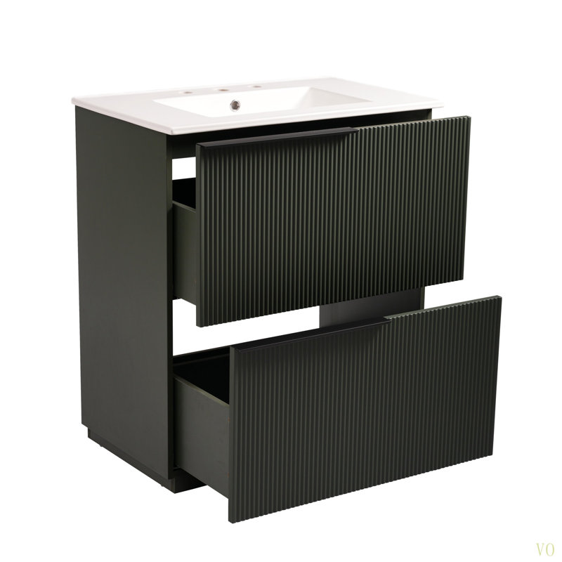 Meuble-lavabo de 30 po avec lavabo en céramique et tiroirs pleine extension, glissières de tiroir à fermeture en douceur, conception cannelée