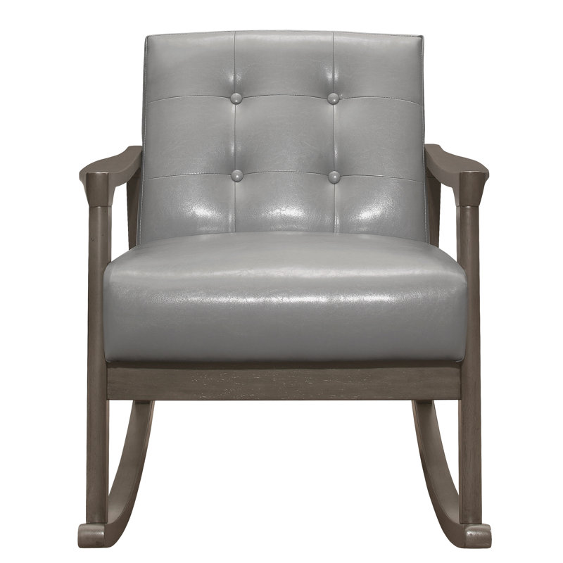 Chaise berçante en similicuir gris avec structure en bois d'hévéa massif et structure en bois exposée de 22 po de largeur