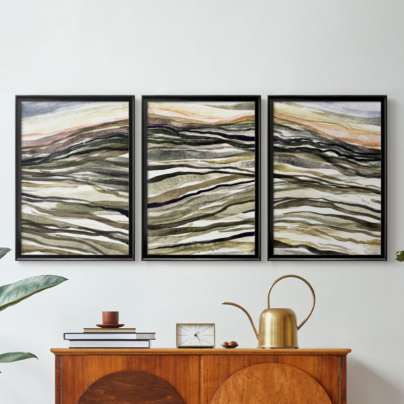 Waterscapes I - Toile tendue avec châssis sur mesure - 3 pièces, H 27 po x l 39 po, Noir