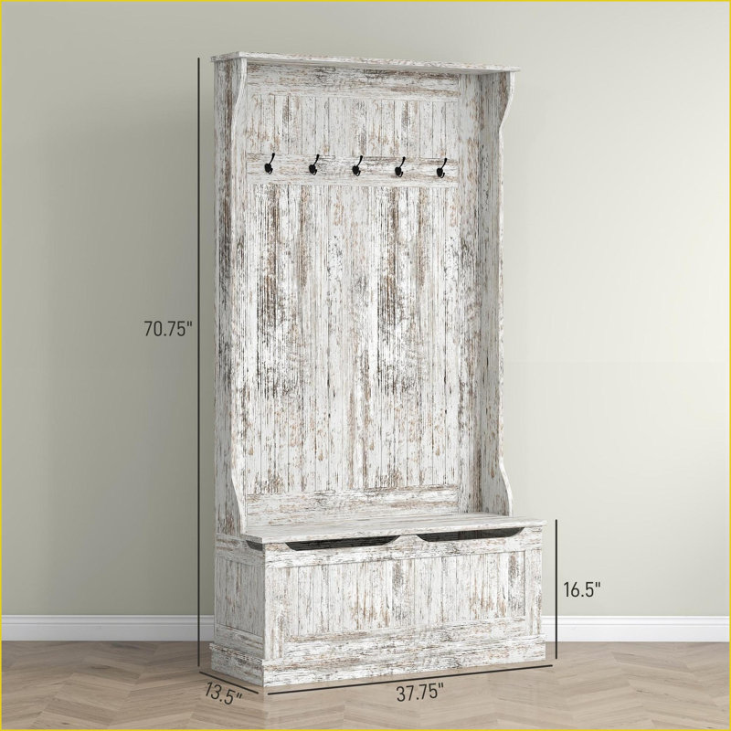 Hall Tree with Storage Bench, HOMCOM 3-In-1 Coat Rack 5 Hooks &amp; Shoe Storage, Distressed White | White | Coat Racks