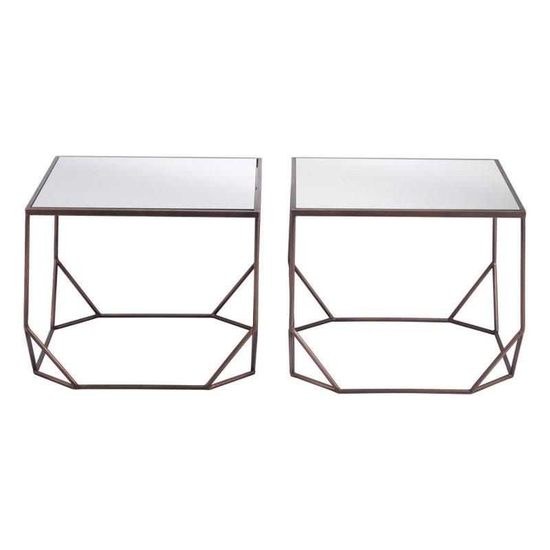 Ensemble de deux tables basses carrées en verre à miroir et argent