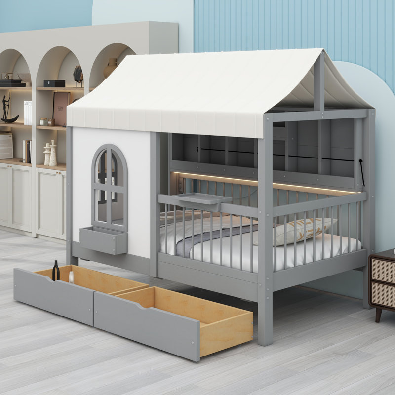 House Bed with Storage Drawers, Side Shelves, and LED Strip Lighting