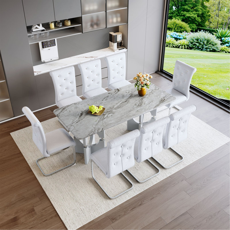 Ensemble de table et de salle à manger moderne 9 pièces, table en panneau de fibres à densité moyenne avec chaises rembourrées et pieds en métal