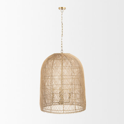Calydon Is A 4-Light Foyer Chandelier With A Delicately Woven Rattan Shade And A Gold Finished Metal Frame And Chain.
