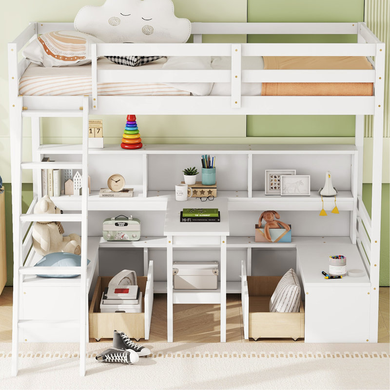 Loft Bed With Storage Shelves, Bed Frame Drawers And Desk, White