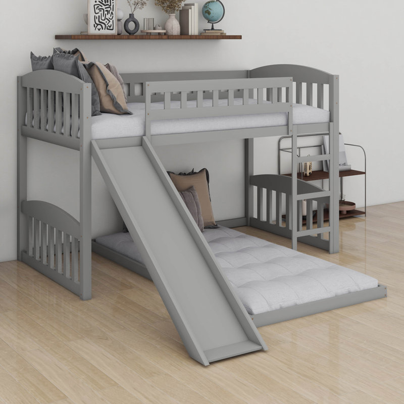 Lit simple superposé simple avec glissière et échelle, lit superposé bas pour enfants, filles, garçons, lit superposé au sol
